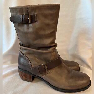 Leather Slouch Ankle Boots Gray Brown Moto‎ Buckle Lug Block Heel SZ 10.5